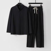 Foviel Cross-Collars Cotton Linen Tang Suit Hanfu Top Pants Clothing Men's Set