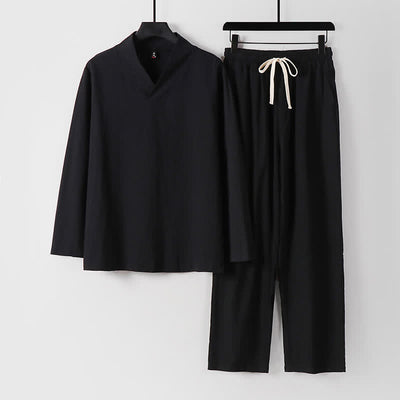 Buddha Stones Cross-Collars Cotton Linen Tang Suit Hanfu Top Pants Clothing Men's Set - Black - US/UK/AU54，EU64 (9XL) - image 3