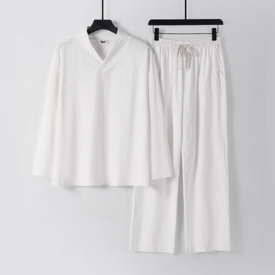 Buddha Stones Cross-Collars Cotton Linen Tang Suit Hanfu Top Pants Clothing Men's Set - White - US/UK/AU54，EU64 (9XL) - image 13