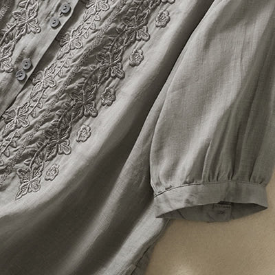 Buddha Stones Summer Plain Button Embroidery Flower Pattern Three Quarter Sleeve Lapel Women's Shirt - image 17