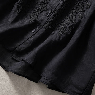 Buddha Stones Summer Plain Button Embroidery Flower Pattern Three Quarter Sleeve Lapel Women's Shirt - image 30