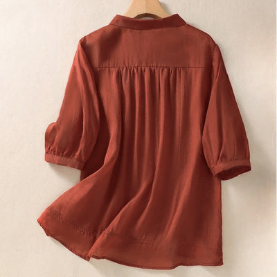Buddha Stones Summer Plain Button Embroidery Flower Pattern Three Quarter Sleeve Lapel Women's Shirt - image 20