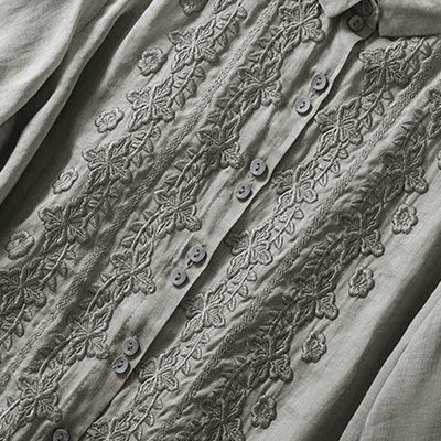 Buddha Stones Summer Plain Button Embroidery Flower Pattern Three Quarter Sleeve Lapel Women's Shirt - image 16