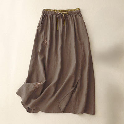 Buddha Stones Vintage Solid Embroidery Drawstring Women's Skirt With Pockets - SaddleBrown - US8-10，UK/AU12-14，EU40-42 (2XL) - image 14