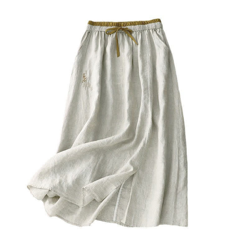 Buddha Stones Vintage Solid Embroidery Drawstring Women's Skirt With Pockets - image 13