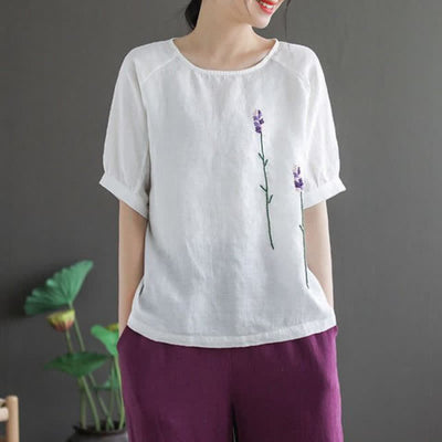 Buddha Stones Summer Vintage Embroidered Flower Pattern Women's Crew Neck Design T-Shirt - White - US8-10，UK/AU12-14，EU40-42 (2XL) - image 11