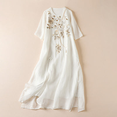 Buddha Stones Embroidered Leaf Crew Neck Half Sleeve Fiber Midi Dress - Snow - US8-10，UK/AU12-14，EU40-42 (2XL) - image 7