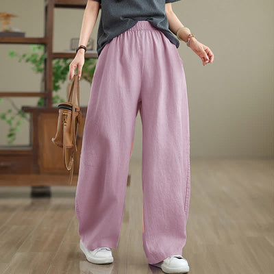 Buddha Stones Casual Plain Cotton Women's Wide Leg Pants With Pockets - Pink - US12，UK/AU16，EU44 (3XL) - image 6