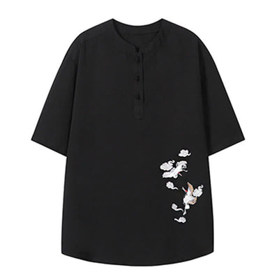 Buddha Stones Summer Tang Style Casual Mandarin Collar Embroidery Crane Men's Short Sleeve Shirts - image 15