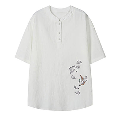 Buddha Stones Summer Tang Style Casual Mandarin Collar Embroidery Crane Men's Short Sleeve Shirts - image 3