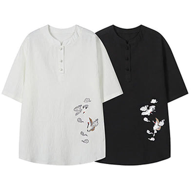 Buddha Stones Summer Tang Style Casual Mandarin Collar Embroidery Crane Men's Short Sleeve Shirts - image 17
