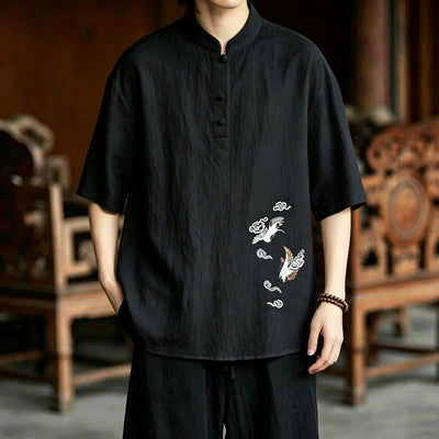 Buddha Stones Summer Tang Style Casual Mandarin Collar Embroidery Crane Men's Short Sleeve Shirts - Black - US/UK/AU48, EU58 (6XL) - image 12