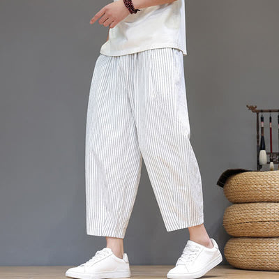 Buddha Stones Summer Casual Minimalist Drawstring Striped Cotton Linen Capri Pants Men's Tapered Pants With Pocket - White - US/UK/AU46, EU56 (5XL) - image 25