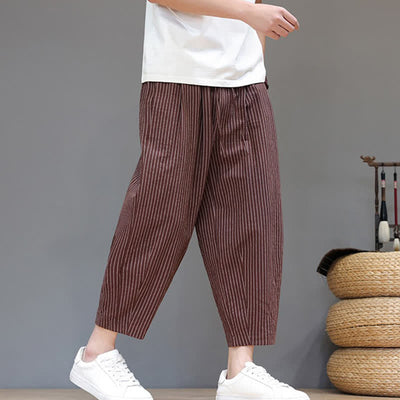 Buddha Stones Summer Casual Minimalist Drawstring Striped Cotton Linen Capri Pants Men's Tapered Pants With Pocket - image 21