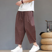 Foviel Summer Casual Minimalist Drawstring Striped Cotton Linen Capri Pants Men's Tapered Pants With Pocket