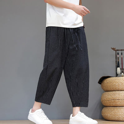Buddha Stones Summer Casual Minimalist Drawstring Striped Cotton Linen Capri Pants Men's Tapered Pants With Pocket - image 14