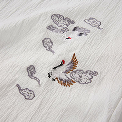Buddha Stones Summer Tang Style Casual Mandarin Collar Embroidery Crane Men's Short Sleeve Shirts - image 9