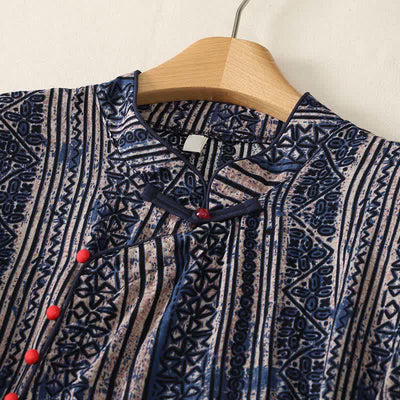 Buddha Stones Summer Tang Style Boho Mandarin Collar Geometric Women's Three-Quarter Sleeve Dress With Pocket - image 2