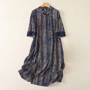 Foviel Summer Tang Style Boho Mandarin Collar Geometric Women's Three-Quarter Sleeve Dress With Pocket
