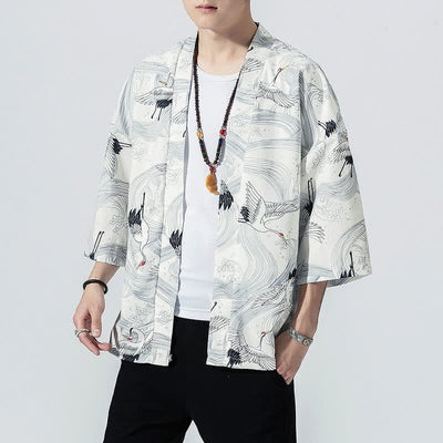 Buddha Stones Summer Casual Vintage Open Front Crane Wave Print Men's Kimonos - image 12