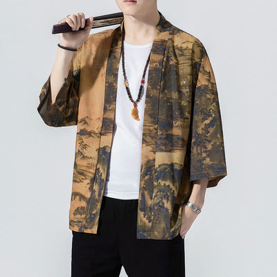 Buddha Stones Summer Casual Vintage Open Front Crane Wave Print Men's Kimonos - image 8