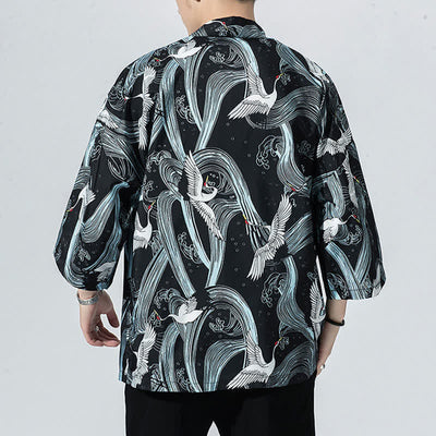 Buddha Stones Summer Casual Vintage Open Front Crane Wave Print Men's Kimonos - image 2