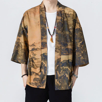Buddha Stones Summer Casual Vintage Open Front Crane Wave Print Men's Kimonos - Peru - US/UK/AU46, EU56 (5XL) - image 7
