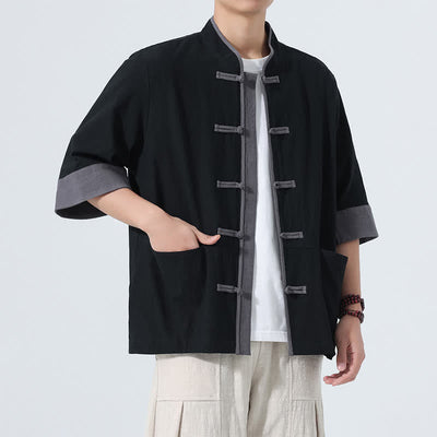 Buddha Stones Summer Casual Tang Style Frog Button Solid Cotton Men's Short Sleeve Shirts With Pocket - image 20