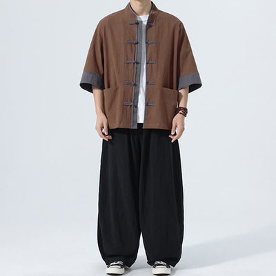 Buddha Stones Summer Casual Tang Style Frog Button Solid Cotton Men's Short Sleeve Shirts With Pocket - image 14