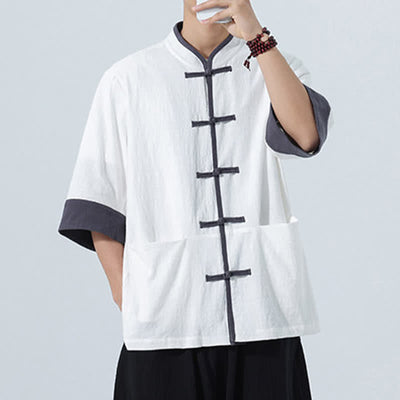 Buddha Stones Summer Casual Tang Style Frog Button Solid Cotton Men's Short Sleeve Shirts With Pocket - image 29