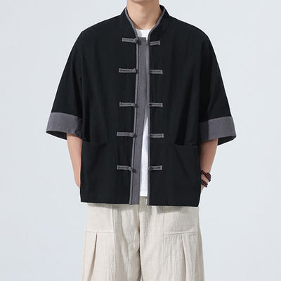 Buddha Stones Summer Casual Tang Style Frog Button Solid Cotton Men's Short Sleeve Shirts With Pocket - Black - US/UK/AU46, EU56 (5XL) - image 16
