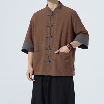 Buddha Stones Summer Casual Tang Style Frog Button Solid Cotton Men's Short Sleeve Shirts With Pocket - image 10