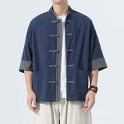 Foviel Summer Casual Tang Style Frog Button Solid Cotton Men's Short Sleeve Shirts With Pocket
