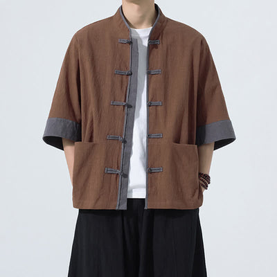Buddha Stones Summer Casual Tang Style Frog Button Solid Cotton Men's Short Sleeve Shirts With Pocket - Sienna - US/UK/AU46, EU56 (5XL) - image 8