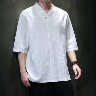 Buddha Stones Summer Casual Tang Style Mandarin Collar Solid Men's Short Sleeve Shirts - image 22