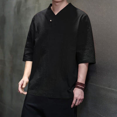 Buddha Stones Summer Casual Tang Style Mandarin Collar Solid Men's Short Sleeve Shirts - image 15