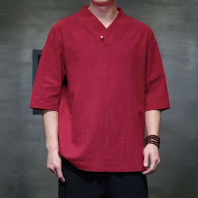 Buddha Stones Summer Casual Tang Style Mandarin Collar Solid Men's Short Sleeve Shirts - image 7