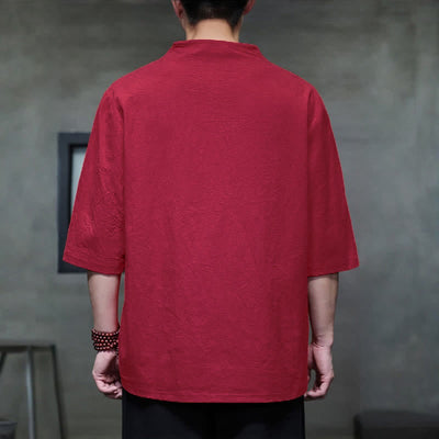 Buddha Stones Summer Casual Tang Style Mandarin Collar Solid Men's Short Sleeve Shirts - image 12