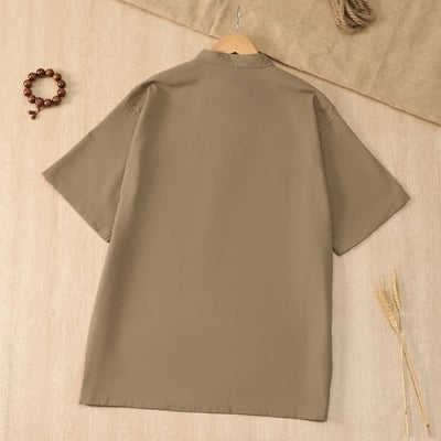 Buddha Stones Summer Casual Tang Style Mandarin Collar Solid Men's Short Sleeve Shirts With Pocket - image 1