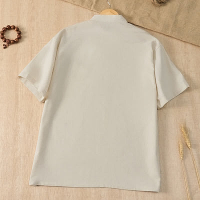 Buddha Stones Summer Casual Tang Style Mandarin Collar Solid Men's Short Sleeve Shirts With Pocket - image 20