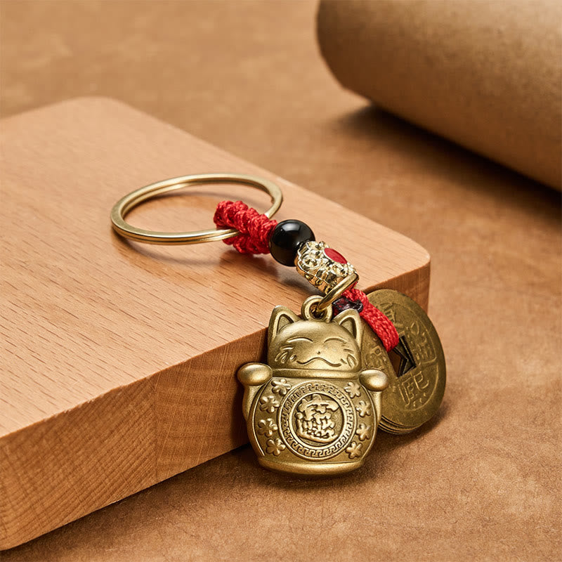 Buddha Stones Feng Shui Five Emperor Coins Lucky Cat Money Wealth Keychain - image 1