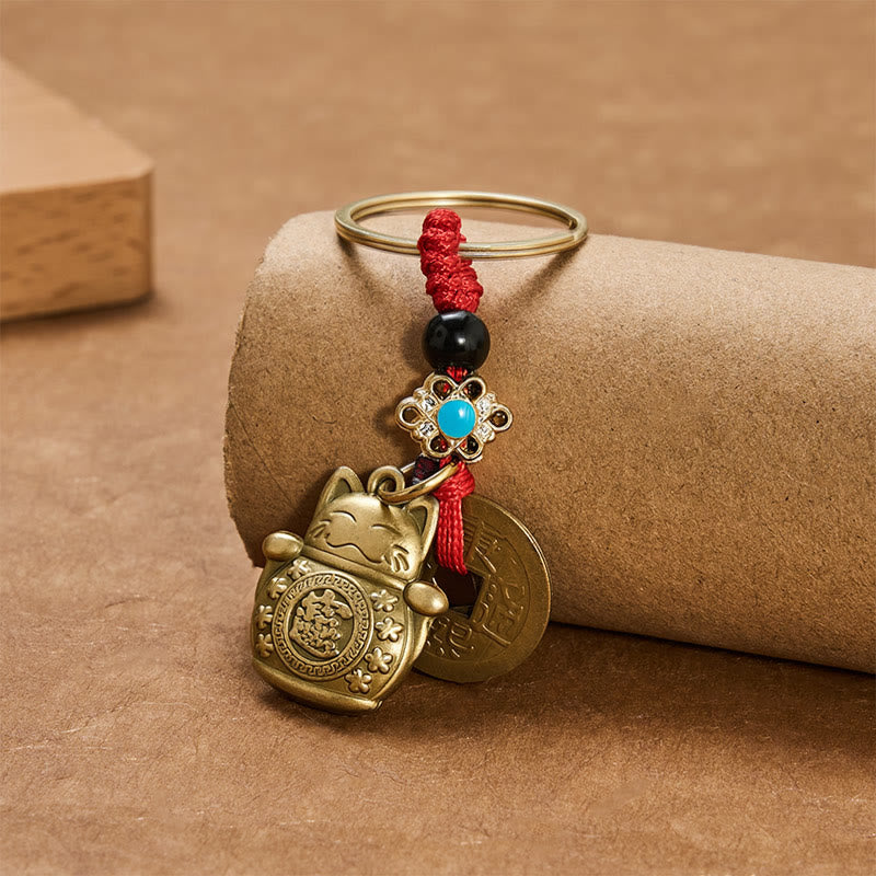 Buddha Stones Feng Shui Five Emperor Coins Lucky Cat Money Wealth Keychain - image 2