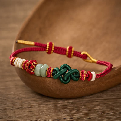 Buddha Stones Handmade Braided Ruyi Peach Blossoms Knot Jade Luck Adjustable Bracelet - image 2