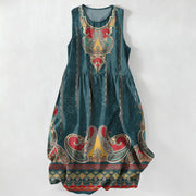 Foviel Summer Casual Persian Paisley Border Pattern Women's Summer Sleeveless Midi Dress With Pockets