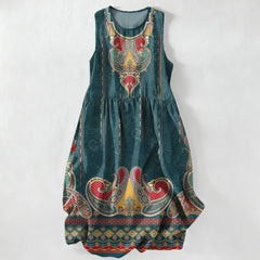 Buddha Stones Summer Casual Persian Paisley Border Pattern Women's Summer Sleeveless Midi Dress With Pockets - Teal - US16，UK/AU20，EU48 (3XL) - image 0