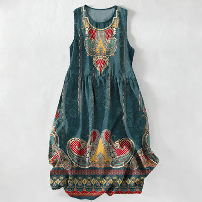 Buddha Stones Summer Casual Persian Paisley Border Pattern Women's Summer Sleeveless Midi Dress With Pockets - Teal - US16，UK/AU20，EU48 (3XL) - image 0