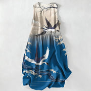 Foviel Summer Casual Crane Bamboo Pattern Women's Summer Sleeveless Midi Dress With Pockets
