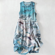 Foviel Summer Casual Ink Wash Crane Pine Pattern Women's Summer Sleeveless Midi Dress With Pockets