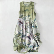 Foviel Summer Casual Ink Wash Crane Pine Pattern Women's Summer Sleeveless Midi Dress With Pockets