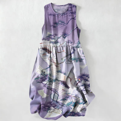 Buddha Stones Summer Casual Ink Wash Crane Pine Pattern Women's Summer Sleeveless Midi Dress With Pockets - Lavender - US16，UK/AU20，EU48 (3XL) - image 5